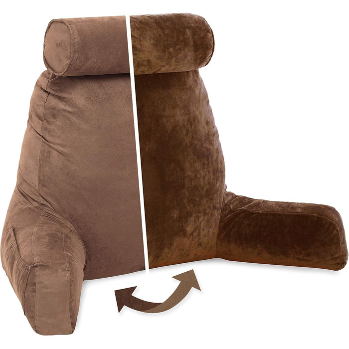 Подушка для чоловіка з підлокітниками - велика, для читання та відпочинку в ліжку. Преміум піна з пам'яті, знімна подушка для шиї на стрічці. Чохол, колір: коричневий, колір: коричневий