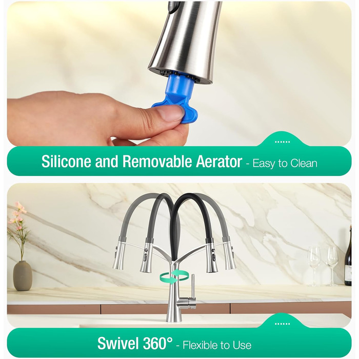 Кран кухонний CREA з 3 функціями: душ, висувна лійка, поворотний вилив, чорний, нержавіюча сталь