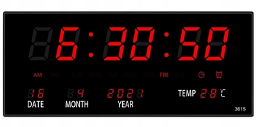 Настінний світлодіодний годинник LED, чорний, червоні цифри, 36 см