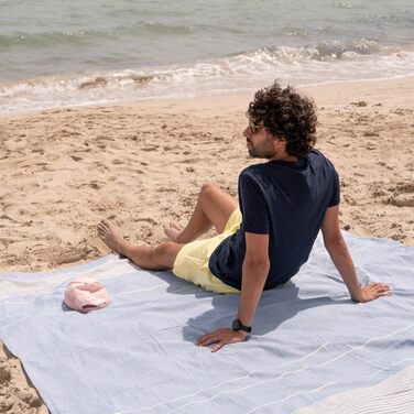 Великий пляжний рушник MOMOMUS Fouta XXL 200x200 см з бахромою, бавовна, блакитний