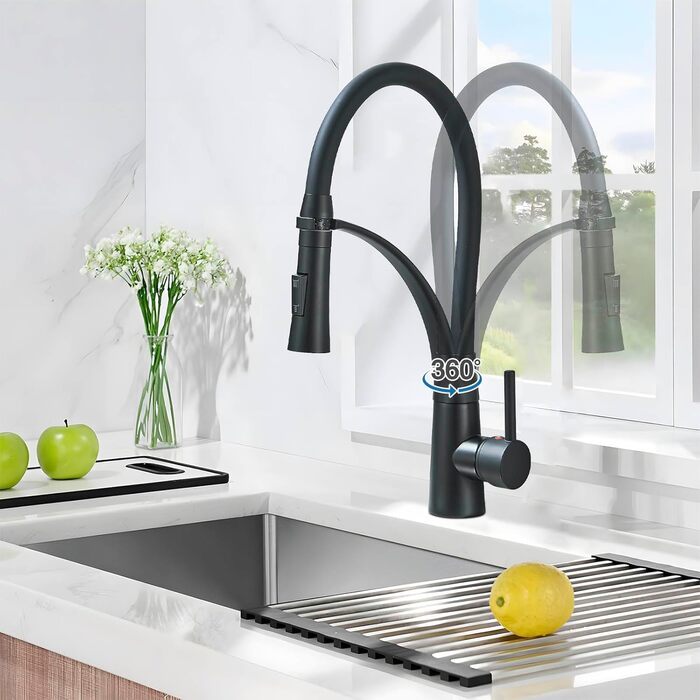 Кухонний змішувач з двома виливами, поворотний 360°, з висувною лійкою, з спіральною пружиною, для мийки, чорний, з матовою обробкою