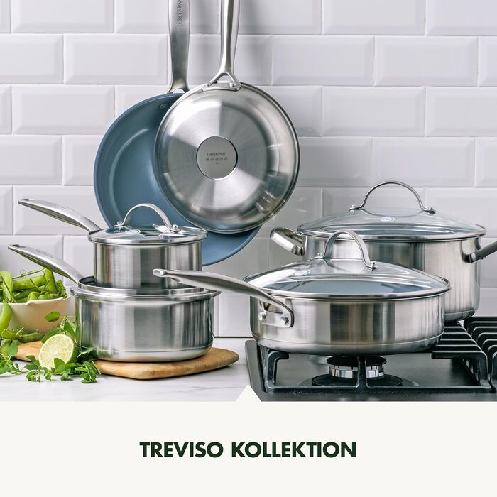 GreenPan Treviso: 10-ти речівий набір посуду з нержавіючої сталі з керамічним антипригарним покриттям, без PFAS, для індукційних плит, сумісний з духовкою, можна мити в посудомийній машині, срібний