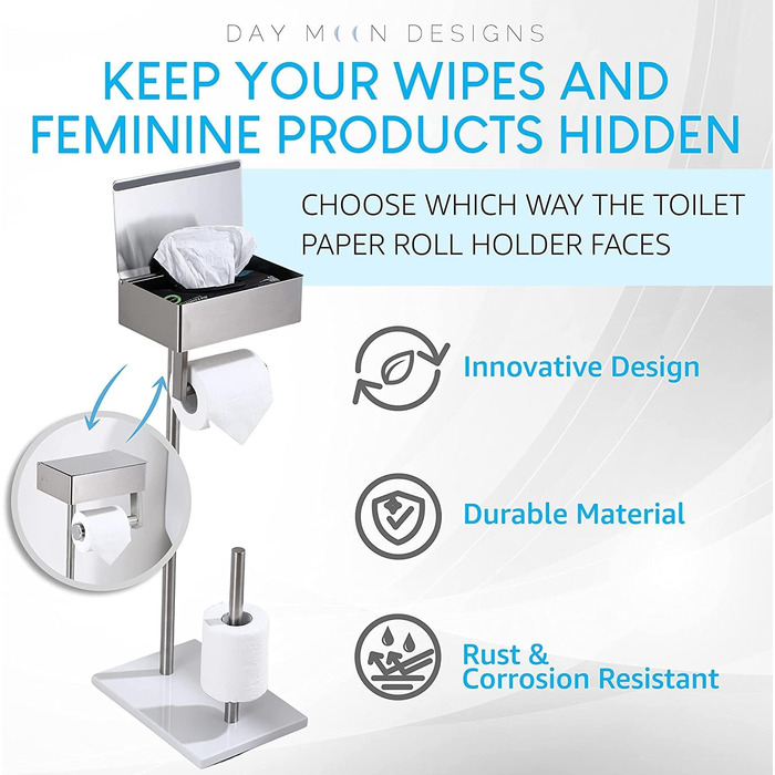 Day Moon™ Standing Toilet Paper Holder, Wet Tissue Box - Toilet Paper Holder with Wet Wipe Box, Toilet Paper Holder with Shelf - Stainless Steel Toilet Paper Holder Brushed Nickel Free Standing