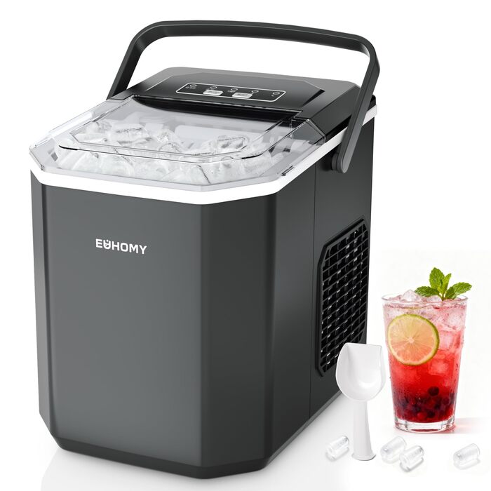 Машина для приготування льоду EUHOMY: 9 кубиків за 6 хвилин, самоочисна, продуктивність 12 кг/24 год, 2 розміри кубиків, з ручкою/шaufel/корзиною, чорний колір