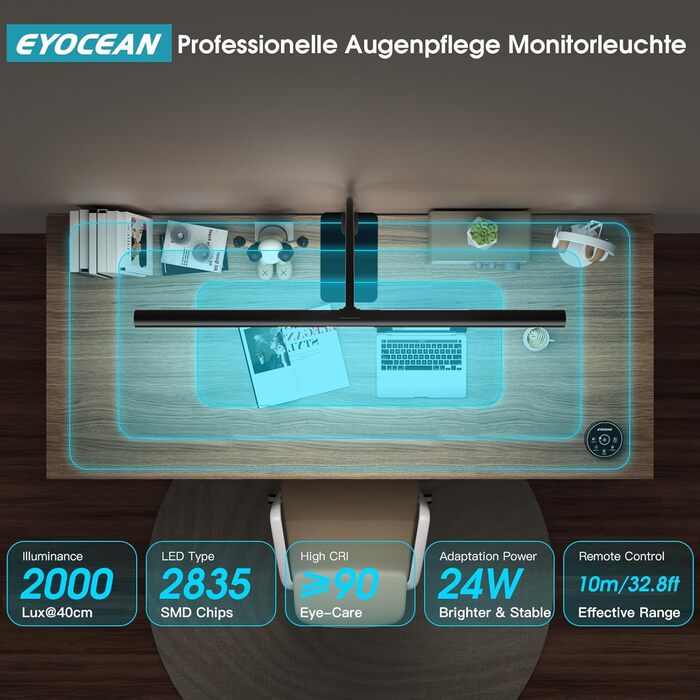 LED лампа настільна EYOCEAN з жестами та пультом, 24W, 80см, для офісу, читання, архітекторів, дизайнерів (чорна матова)