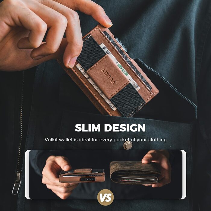 Гаманець VULKIT Leder Slim з вікном для документів та затискачем для грошей, автоматичний висувний картхолдер з алюмінію, RFID/NFC захист, коньячний колір