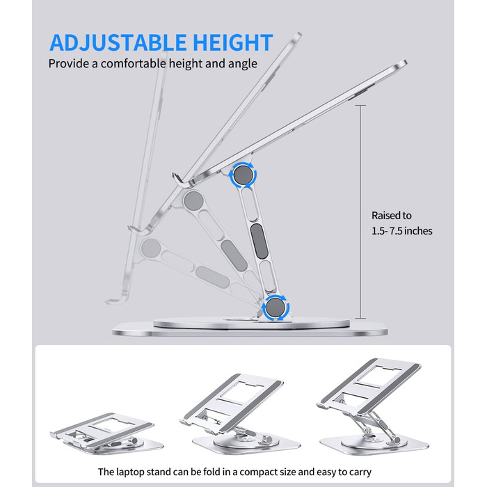 AOEVI Adjustable Laptop Stand with 360° Swivel Base - Ergonomic Foldable Laptop Riser for Desk - Compatible with MacBook Pro/Air & Notebooks up to 16 inches (Pro Silver)