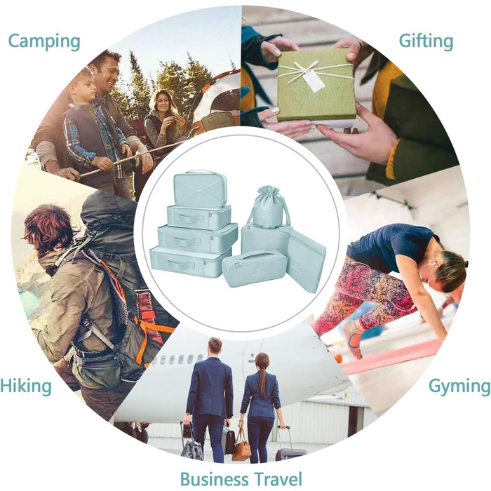 Органайзери для валізи, 8 комплектів, 7 кольорів. Набір для подорожей, водонепроникні мішки для взуття, компресійні мішки для одягу (сірий, блакитний)