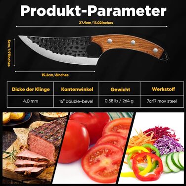 Ніж кухарський OOKUU, м'ясний тесак з точилкою та шкіряною піхвою, професійний ніж для обвалювання, гострі кухарські ножі в японському стилі, тесак для кухні на відкритому повітрі