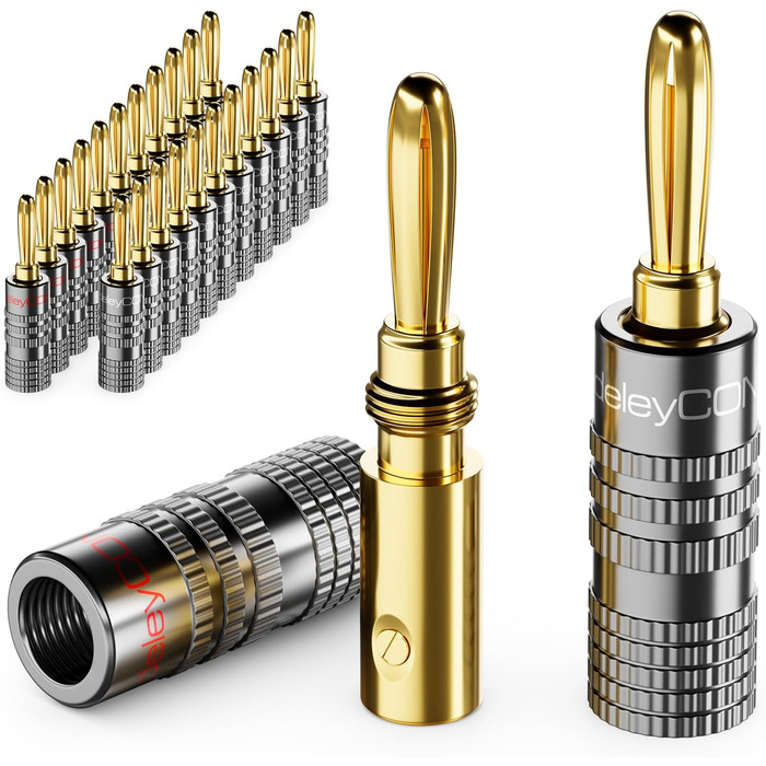 Набір бананових конекторів DeleyCON 24 шт. позолочені, для акустичних/динамічних кабелів, 0.75-4.5 мм, Hi-Fi аудіо, домашній кінотеатр