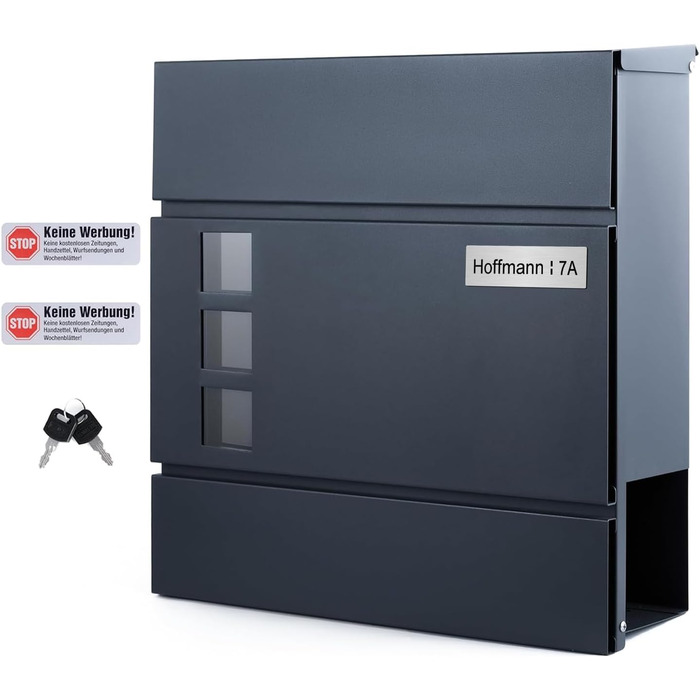 Поштовий ящик Zedelmaier з нержавіючої сталі, персоналізований, настінний, з відділенням для газет, 2 ключі, замок, антрацит 33x31x10 см