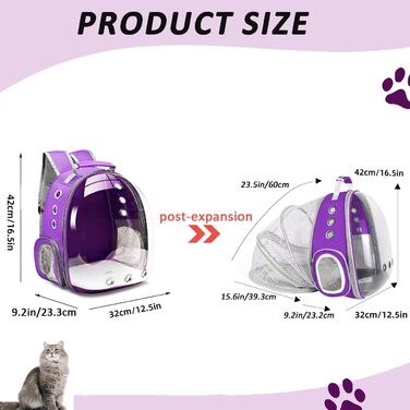 Розширюваний рюкзак для котів та маленьких собак, переноска-рюкзак з прозорим вікном, для подорожей та прогулянок (фіолетовий)