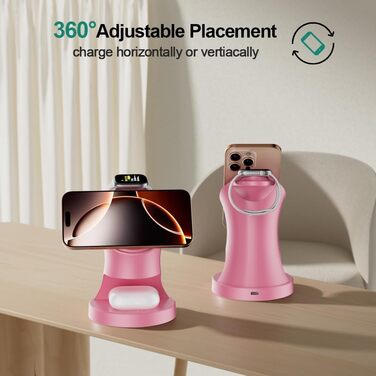 3-в-1 Мережевий Зарядний Пристрій MagSafe, Бездротова Зарядка для iPhone 17/16/15/14/13/12/Plus/Pro Max/Mini, Apple Watch 9/8/7/6/SE/5/4/3/2, AirPods Pro/2/3 (Рожевий)