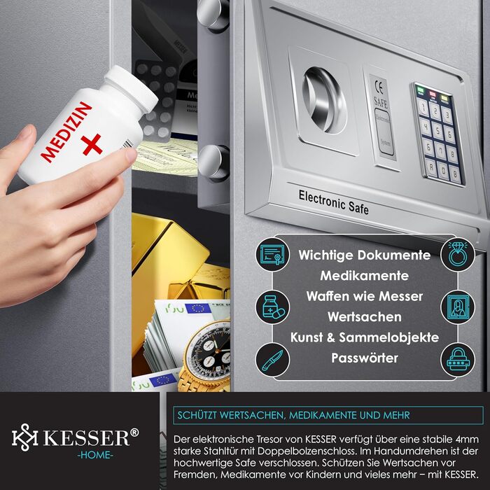 Електронний сейф KESSER® настінний, 31x20x20 см, з подвійним замком, LED підсвіткою, сталевий (срібний, XL)