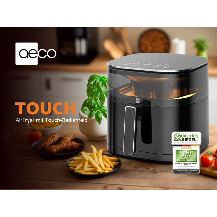 AECO TOUCH аерофритюрниця 5,7 л з підсвіченим 270° оглядовим вікном, цифровим сенсорним дисплеєм, 1700 Вт, 8 програм, регулювання температури 80–200°C, з рецептурником
