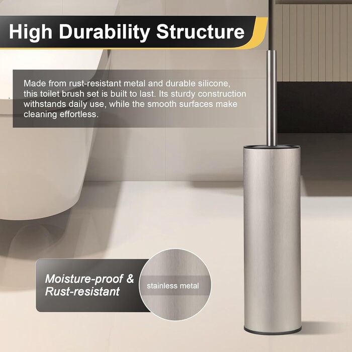 Підлогова щітка для унітазу Dazi з нержавіючої сталі, металева, матова, з 2 довгими щітками для глибокого очищення, запобігає розбризкуванню та засміченням (нікель)