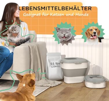 Контейнер для корму PawHut для собак та котів, 25 л, складаний, з мірним стаканчиком, мискою та ложкою, на колесах, сірий