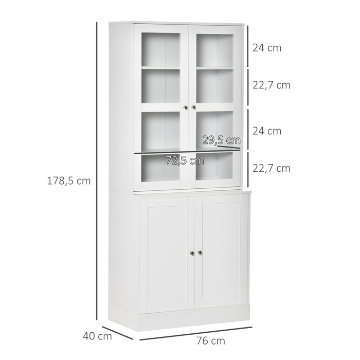 HOMCOM 178.5 cm Tall Bookshelf Display Cabinet with Glass Door, 6 Compartments, Kitchen Cabinet for Living Room, Kitchen - White | Aosom