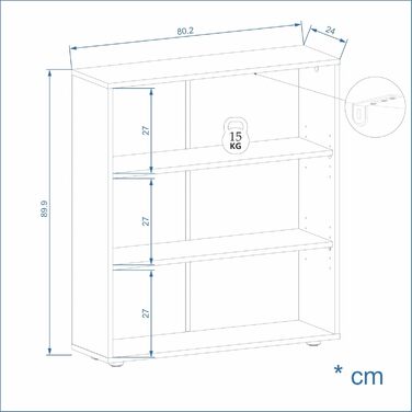 Білий книжковий стелаж KOMTO Regal 80 см, 3 рівні, з регульованими полицями, 80x90x24 см, універсальний для зберігання