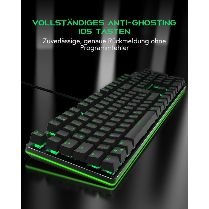 Black Shark Механічна ігрова клавіатура RGB, QWERTZ, німецьке розкладка, червоні перемикачі, 105 клавіш, металева пластина, програмована, для геймерів