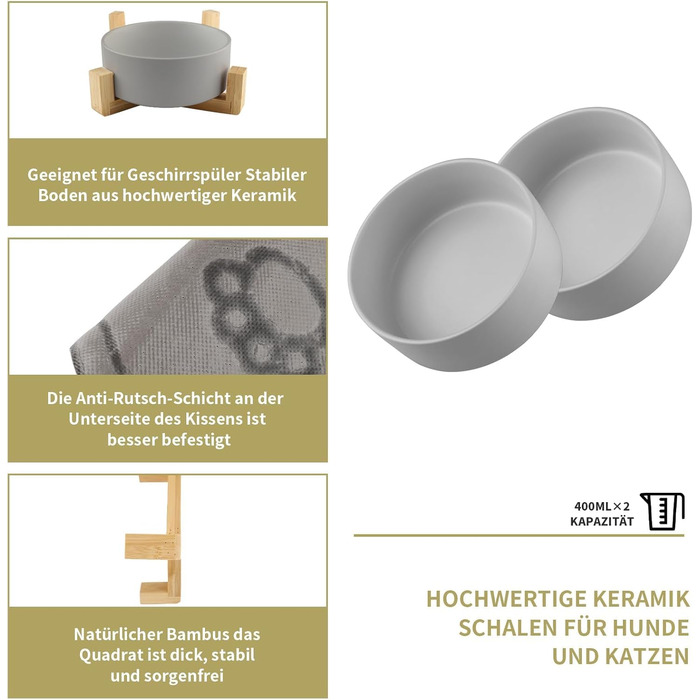 Миска для собак з кераміки, 400 мл, подвійна миска для корму, піднята миска для собак з бамбуковим підставкою та нековзним килимком для маленьких та середніх собак (сіра)