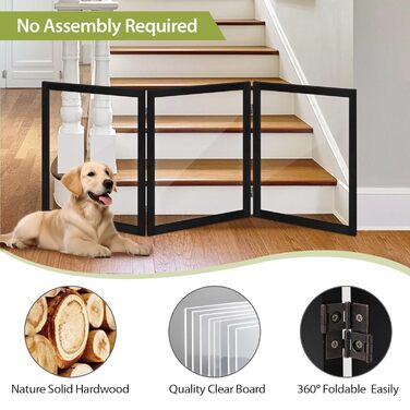 Дерев'яне воріт для собак, 4 панелі, широке, 76,2 см, розкладне, бар'єр для тварин, масивне дерево та сталевий дріт, захисне воріт для дверей, коридорів, 76 см заввишки