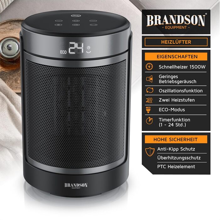 Електричний обігрівач Brandson з пультом керування, ECO-режим, осциляція 50°, 2 режими нагріву, захист від перегріву та перекидання