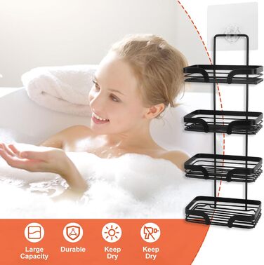 Tefola Soap Holder, 4-Tier Wall Mounted Soap Sponge Holder, Soap Dish for Shower with Two Single Hooks, Adhesive, Drill-Free Soap Holder, Stainless Steel Soap Holder (Black)