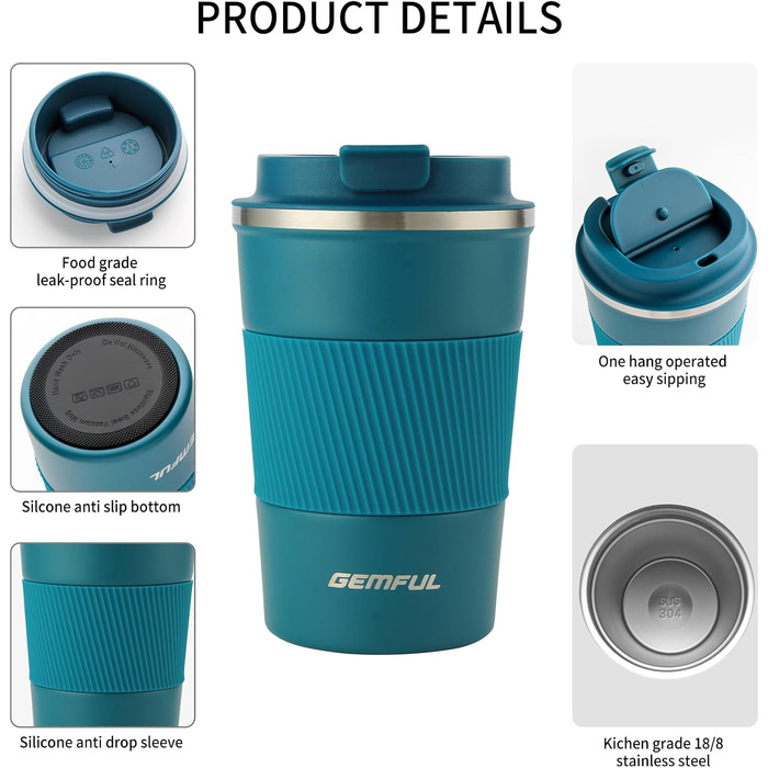 Термокружка з нержавіючої сталі 510 мл Gemful - блакитна, для подорожей та дому