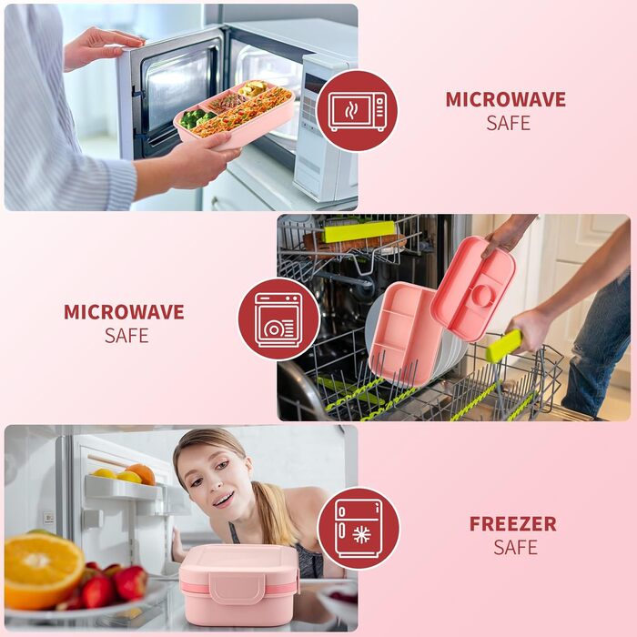 Ланчбокс для дорослих Sinnsally 2000 мл з відділеннями, бенто-бокс, ланчбокс з посудом, виготовлений з екологічно чистих матеріалів, зелений (рожевий)