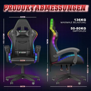 Ігровий стілець Racingreat RGB з підсвічуванням, підголівником та підтримкою попереку, регульований кут нахилу, для дітей та дорослих, чорний