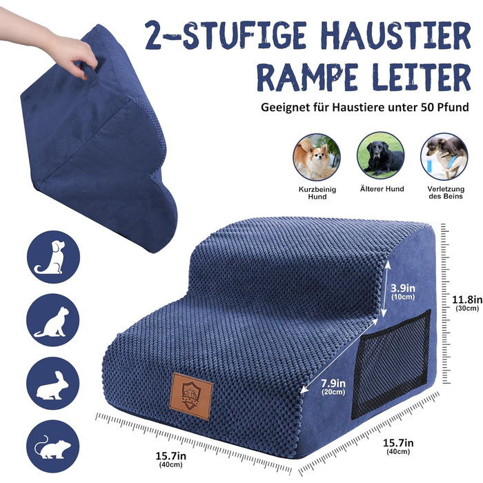 Dog Stairs, Pet Stairs, Foam Dog Stairs, Washable Non-Slip Cat Stairs, Dog Stairs for Small Dogs and Cats, Portable Dog Ramp for Bed, Couch and Car (2-Step Dog Stairs, Blue)
