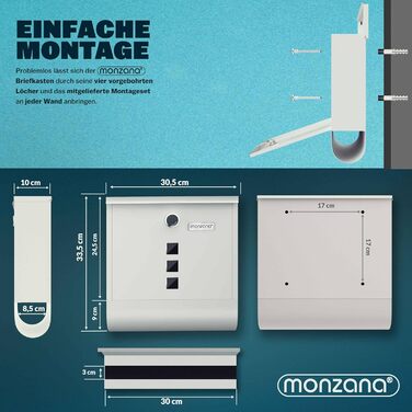 Поштовий ящик Monzana Kreuzschloss з мідним циліндром, поворотна кришка 31x10x34 см, вікно, табличка для імені, відділ для газет, сталь, 2 ключі, чорно-срібний (білий)