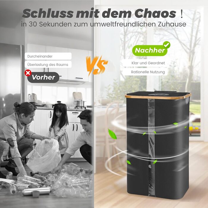Laundry basket with 2 compartments, deposit bottle collection container with lid, container for deposit bottles & glass recycling & paper waste, deposit bottle container bamboo with bag, must-have (Black - visualization, 100L)