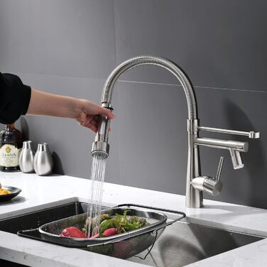 LED кухонний змішувач з спіральною пружиною, поворотний на 360°, з двома виливами, висувний, для кухні, з душем, високий тиск, з матовим нікелем