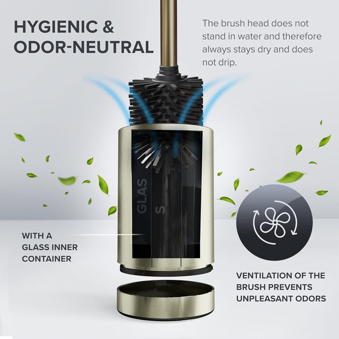 Набір для чищення унітазу з нержавіючої сталі | Силіконова щітка | З вентиляцією | Без кріплення | Замінний насадок | Знімний піддон | Унітазна щітка без монтажу (Золотий)