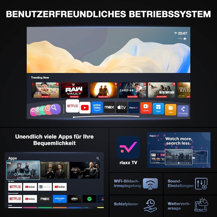 Міні-проектор Smart Beamer 4K з автофокусом та корекцією трапецеїдальних спотворень. Підтримка Netflix, WiFi6, Bluetooth, 25000 люмен, Full HD 1080P. 360° обертання для дому та вулиці. Сумісний з телефоном. Модель A-25000L