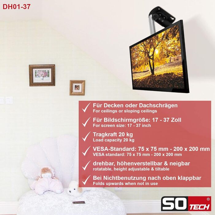 Кріплення для телевізора SOTECH DH-01-37: складане, поворотне, регульоване по висоті, нахилене, для екранів 17-37 дюймів, до 20 кг, VESA-сумісне