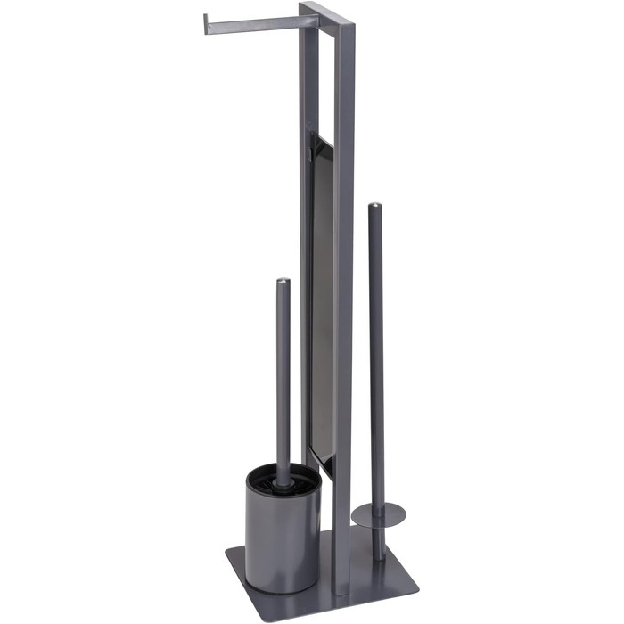 WENKO Stand WC-Garnitur Rivalta, freestanding toilet set with toilet brush, toilet paper and spare roll holder, matt lacquered steel, safety glass splash plate, 18 x 70 x 23 cm, Grey Grey/Black/Black