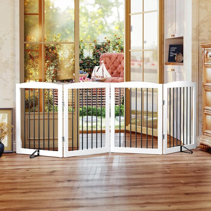 Захисне ґратка для собак у квартиру без свердління, металева, дерев'яна, розкладна, біла, 4 панелі