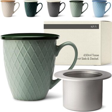 KIVY Large Teacup with Lid and Infuser [650ml] XXL Large Cup - Jumbocup - Large Teacup - Teacups - Tea Mug - Teacup with Lid - Teacup with Infuser - Large Cup - Teacup with Lid