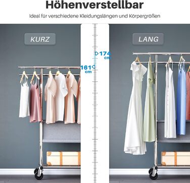 HOKEEPER Clothes Rack with Shelves, 450 kg Capacity, Rolling Clothes Rack, Portable Clothes Hanger, Chrome (D005)