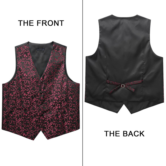 Костюмний жилет для чоловіків Enlision на весілля з павальовим візерунком, краватка та нагрудна хустинка. Чорно-вишневий, XL