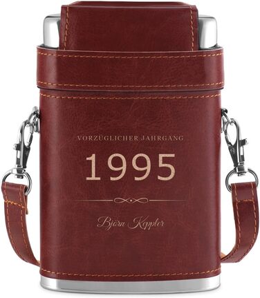 Термос Maverton з гравіюванням - персоналізований, 250 мл, з нержавіючої сталі, 3x10 мл пробники, шкіряний чохол з ремінцем, подарунок на день народження та інше, колір: сріблястий/коричневий