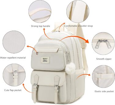 Шкільний рюкзак для дівчаток з відділенням для ноутбука 15.6 дюймів, стильний, для старшої школи та коледжу (Бежевий)