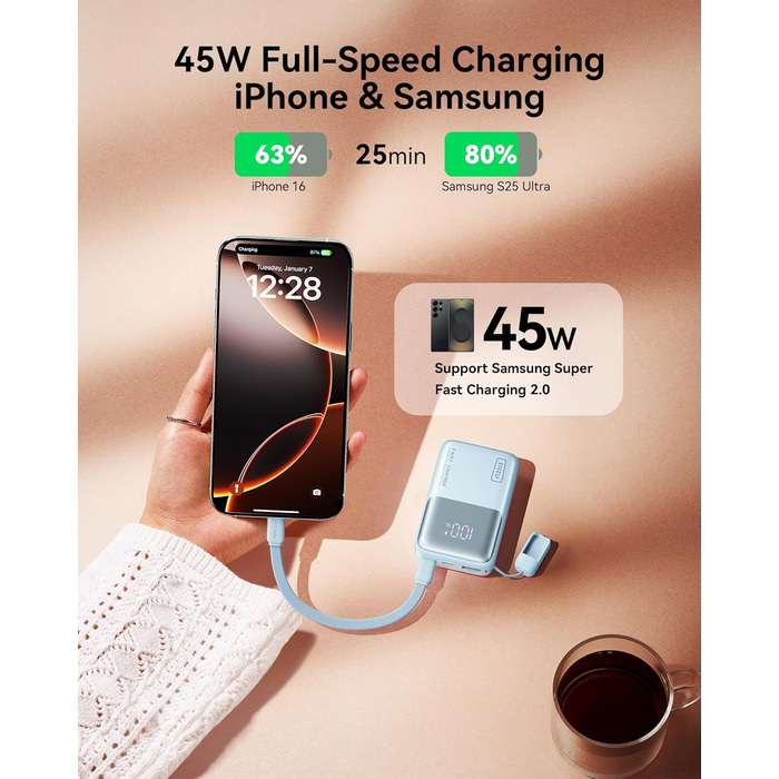 Power Bank INIU 45W 10000mAh з USB-C кабелем: заряд для ноутбука, iPhone, Samsung, MacBook, iPad та інших пристроїв (фіолетовий)