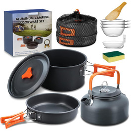 Набір кухонного посуду для кемпінгу, 10 предметів. Набір посуду для приготування їжі на відкритому повітрі, для 2-4 осіб. Плита, сковорода, чайник для пікніків, BBQ та походів