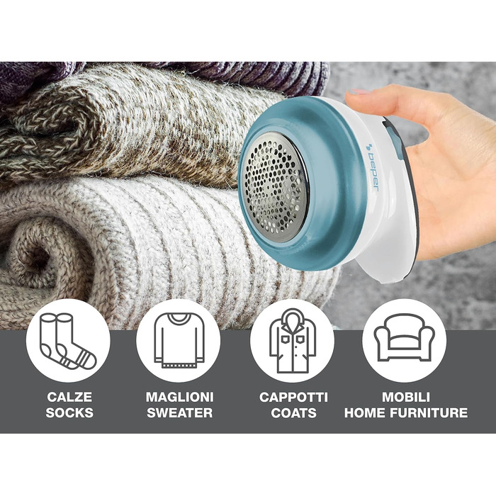 BEPER 50.245 USB-аккумуляторний видальник ворсу зі сталевими лезами. Видаляє ворс та ковтунці. Білий/блакитний, перезаряджається через USB