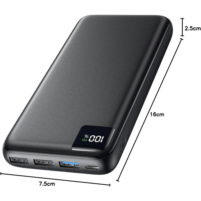 Power Bank SOARAISE 27000mAh з LED-дисплеєм: зарядний акумулятор для телефону та планшета, 4 виходи, USB-C, чорний