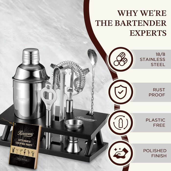 Набір бармена KITESSENSU 6 предметів: шейкер, мірні склянки, сито, щипці, відкривачка – сріблястий барний аксесуар для приготування коктейлів